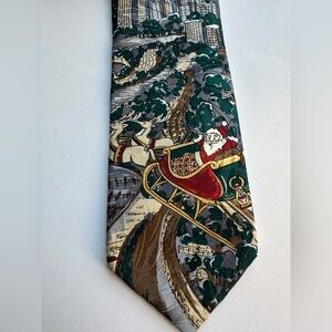 Vtg Silk Tie Santa Flying over Lake Shore Drive Chicago Christmas USA Made